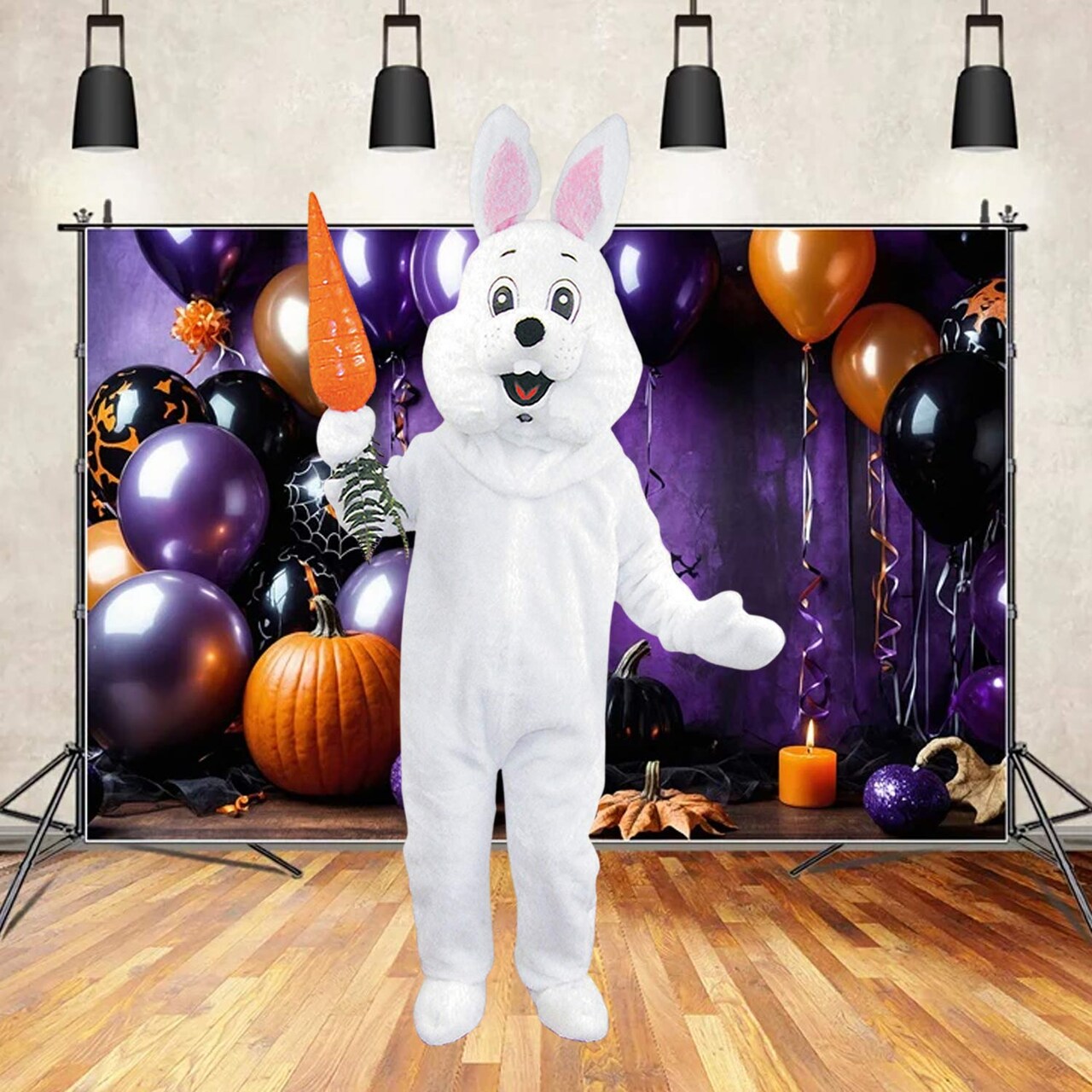 Adult Deluxe Bunny Costume with White Jumpsuit Fluffy Tail and Mascot Head